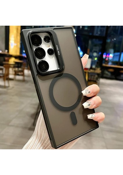 Samsung Galaxy S24 Ultra ile Uyumlu Kamera Lens Aparatlı Stand Olabilen Magsafe ile Uyumlu Kamera Korumalı Şeffaf Full Color Magnetic Wireless Telefon Kılıfı (Siyah, Samsung Galaxy S24 Ultra)