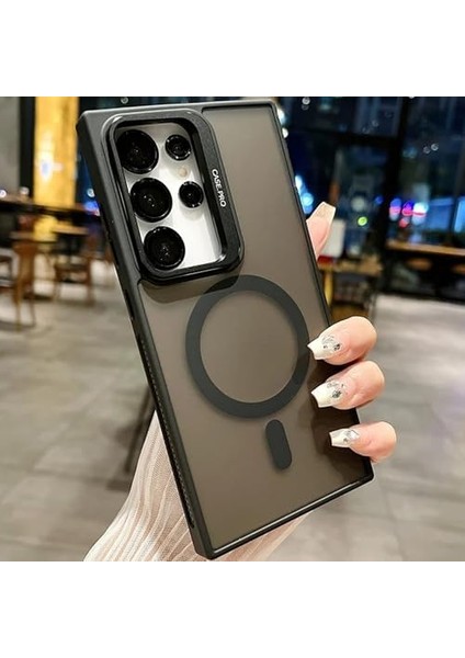 Samsung Galaxy S24 Ultra ile Uyumlu Kamera Lens Aparatlı Stand Olabilen Magsafe ile Uyumlu Kamera Korumalı Şeffaf Full Color Magnetic Wireless Telefon Kılıfı (Siyah, Samsung Galaxy S24 Ultra)