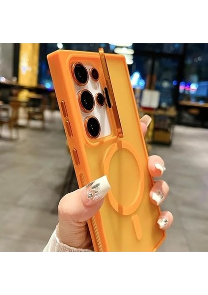Samsung Galaxy S24 Ultra ile Uyumlu Kamera Lens Aparatlı Stand Olabilen Magsafe ile Uyumlu Kamera Korumalı Şeffaf Full Color Magnetic Wireless Telefon Kılıfı (Siyah, Samsung Galaxy S24 Ultra)