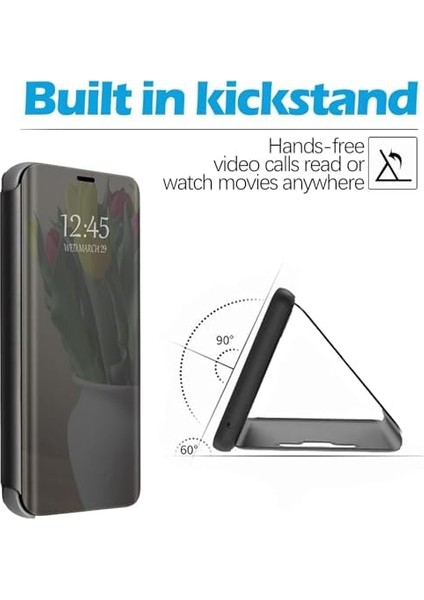Samsung Galaxy A51 / A31 Uyumlu Aynalı Kapaklı Standlı Clear View Kılıf (Siyah)