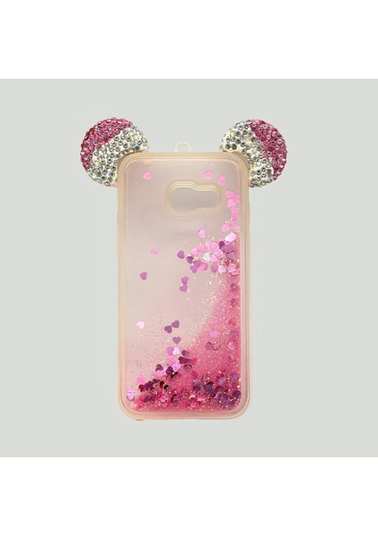 Samsung Galaxy A5 2016 Uyumlu Sıvılı Taşlı Micky Kulaklı Silikon Kılıf (Pembe Altın)