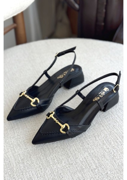 Kadın Goches Kısa Topuklu Ayakkabı - Siyah-Deri