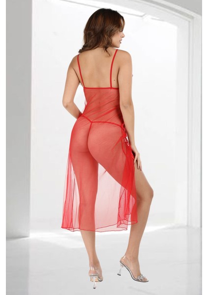 Kırmızı Dantelli Tül Gecelik - M057