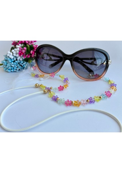 Renkli Çiçek Boncuklu ve Deri Ipli Gözluk Aksesuarı