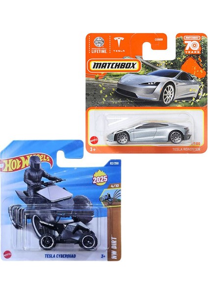 2 Araç Tesla Set - Hot Wheels Tesla Cyberquad & Matchbox Tesla Roadster (1/64)