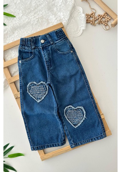 Kalp Desenli Kız Çocuk Kot pantolon - Koyu Mavi