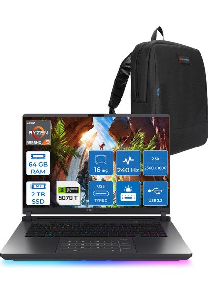 Rog Strix G16 G614FR-S5111 Amd Ryzen 9 9955HX Aı 64GB GB 2tb SSD 12GB/RTX5070Tİ Gddr7 140W 16" 2.5k 2560X1600 Wqxga 240HZ 3ms 500NİTS Freedos Taşınabilir Bilgisayar WS5111F29+ZETTAÇANTA