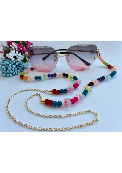 Renkli Kadife Boncuklu ve Zincirli Gözlük Aksesuarı
