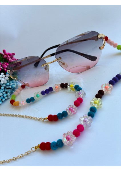 Renkli Kadife Boncuklu ve Zincirli Gözlük Aksesuarı indirimleri