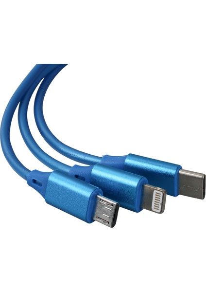 Powermaster 3 In 1 Mavi Şarj Data Kablosu Makaralı Type-C Micro Lightning Iphone Şarj Kablo