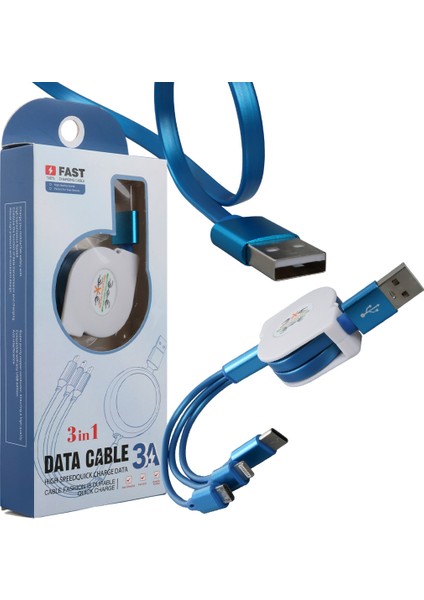 Powermaster 3 In 1 Mavi Şarj Data Kablosu Makaralı Type-C Micro Lightning Iphone Şarj Kablo