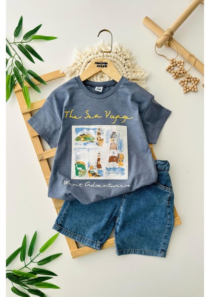 Pano The Sea Desenli Erkek Çocuk Kot şortlu takım - Mavi
