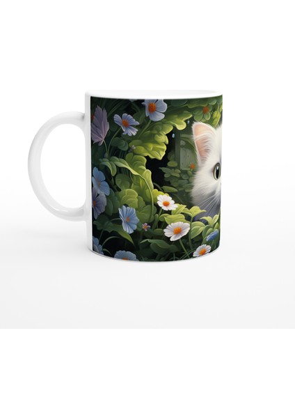 Çiçeklerle Çevrili Gizemli Beyaz Kedi Baskılı Kupa Bardak fiyatları