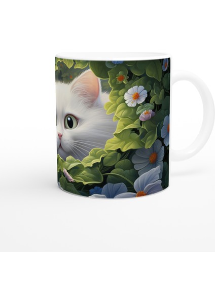 Çiçeklerle Çevrili Gizemli Beyaz Kedi Baskılı Kupa Bardak modelleri