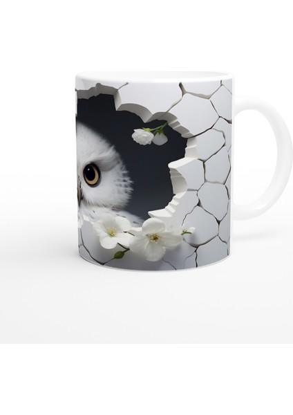 Kırık Seramikten Bakan Beyaz Baykuş Baskılı Kupa Bardak modelleri