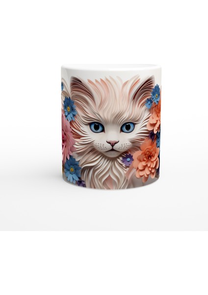 Kağıt Çiçeklerle Süslenmiş Mavi Gözlü Kedi Baskılı Kupa Bardak