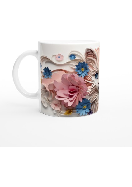 Kağıt Çiçeklerle Süslenmiş Mavi Gözlü Kedi Baskılı Kupa Bardak fiyatları