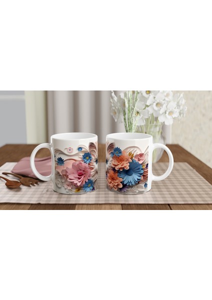 Kağıt Çiçeklerle Süslenmiş Mavi Gözlü Kedi Baskılı Kupa Bardak indirimleri