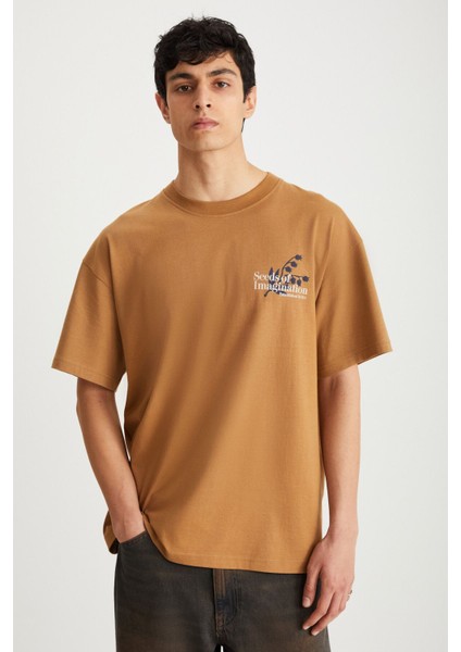 ROKLEN Erkek Pamuk Bisiklet Yaka Baskılı Kahverengi T-Shirt