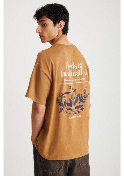 ROKLEN Erkek Pamuk Bisiklet Yaka Baskılı Kahverengi T-Shirt