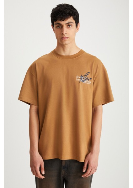 ROKLEN Erkek Pamuk Bisiklet Yaka Baskılı Kahverengi T-Shirt