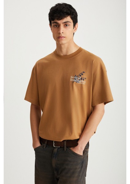 ROKLEN Erkek Pamuk Bisiklet Yaka Baskılı Kahverengi T-Shirt
