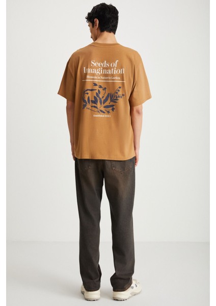 ROKLEN Erkek Pamuk Bisiklet Yaka Baskılı Kahverengi T-Shirt