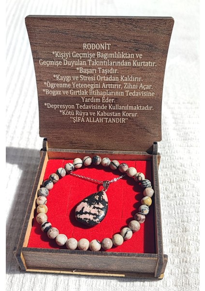 Özel Kutusunda Doğal Rodonit Taşı Kolye ve Bileklik Seti fiyatları