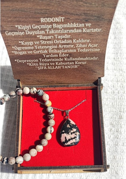 Özel Kutusunda Doğal Rodonit Taşı Kolye ve Bileklik Seti indirimleri