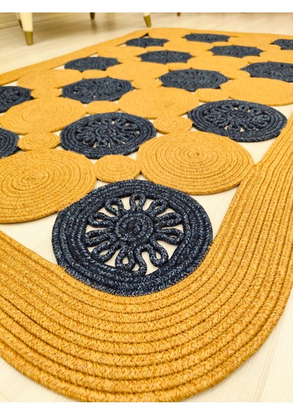 Jüt Hasır Görünümlü Desenli Modern El Örgüsü Dikdörtgen Halı Kilim