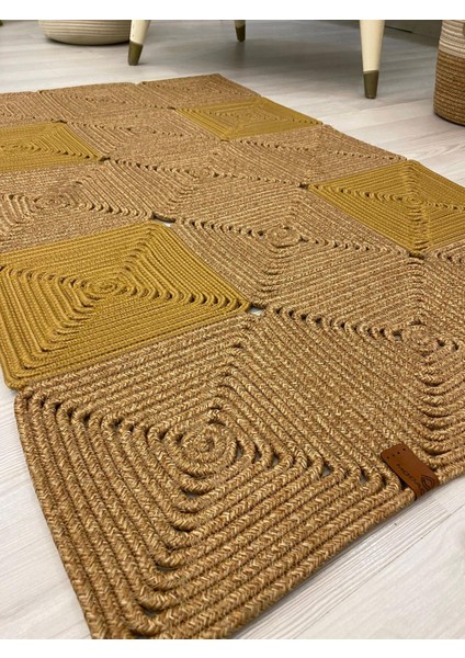 Jüt Hasır Görünümlü Desenli Modern El Örgüsü Dikdörtgen Halı Kilim