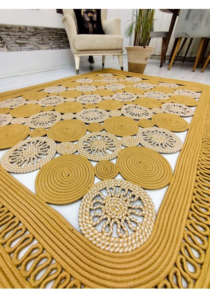 Jüt Hasır Görünümlü Desenli Modern El Örgüsü Dikdörtgen Halı Kilim