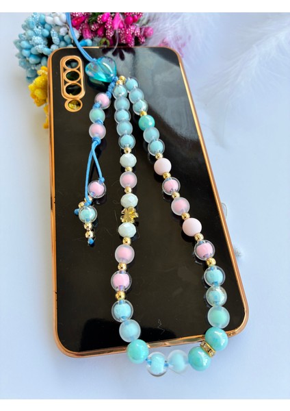 Mavi Pembe Boncuklu Telefon aksesuarı charmı ipi modelleri
