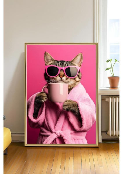 Kahve Içen Kedi Çerçevesiz Poster, Pinterest Poster Tablo ,tablo Ölçülerinde Poster