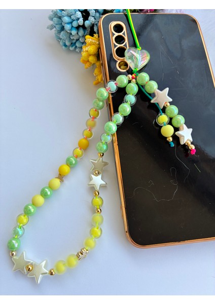 Sarı Yeşil Boncuklu ve Yıldız Inci Boncuklu Telefon ve Çanta ı modelleri