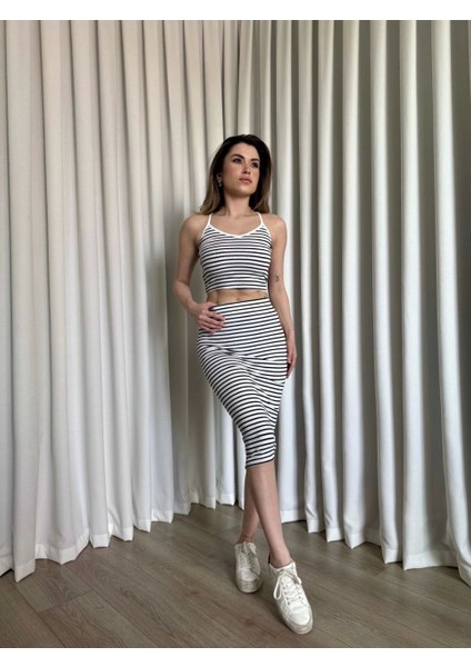 Çizgili Etek Crop Takım