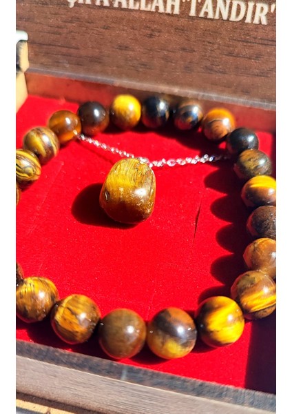 Özel Kutusunda Doğal Kaplan Gözü Taşı Kolye ve Bileklik Seti