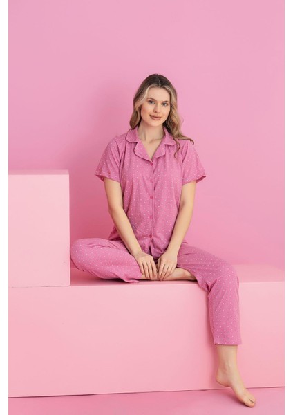Pembe Desenli Düğmeli Pijama Takımı