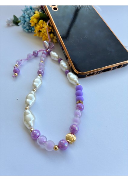 Mor ve Lila Boncuklu midye Detaylı Inci Boncuklu Telefon ve Çanta ı fiyatları