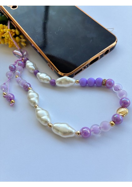 Mor ve Lila Boncuklu midye Detaylı Inci Boncuklu Telefon ve Çanta ı modelleri