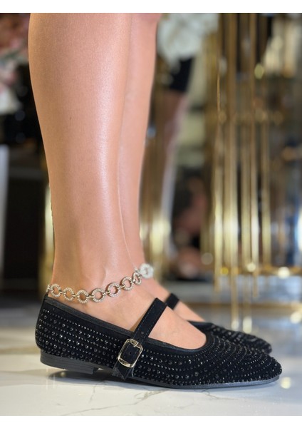 Sun Kristal Taşlı Özel Tasarım Süet Babet Siyah