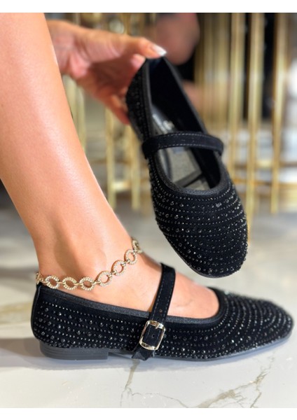 Sun Kristal Taşlı Özel Tasarım Süet Babet Siyah modelleri