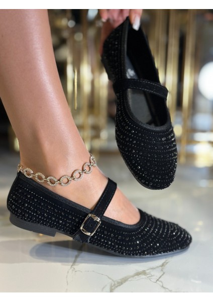 Sun Kristal Taşlı Özel Tasarım Süet Babet Siyah indirimleri