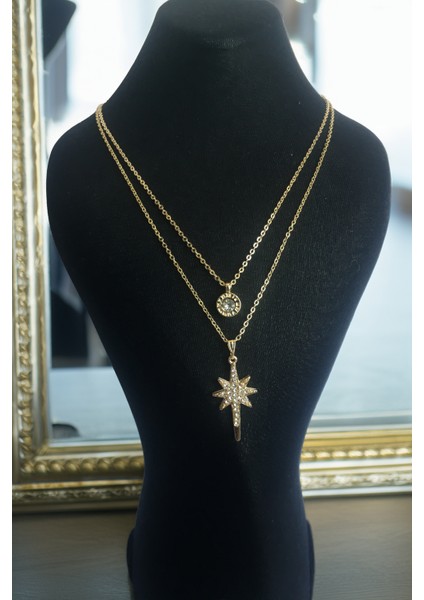 Zirkon Taşlı Gold Kolye Seti, Kuzey Yıldızı Kolye, Roman Rakamlı Gold Kaplama Kolye