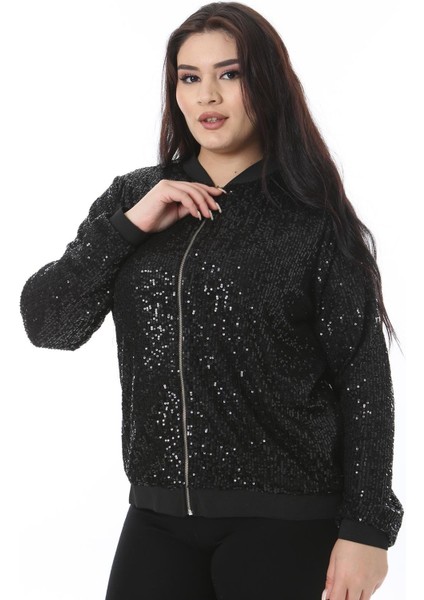 Kadın Büyük Beden Siyah Ön Fermuarlı Astarlı Payet Ceket 65N38511 fiyatları