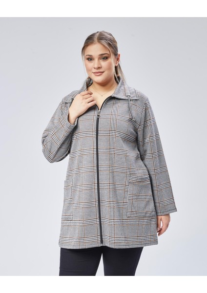 Kadın Büyük Beden Vizon , Ekose Desenli Fermuarlı Cepli Ceket 65N38791