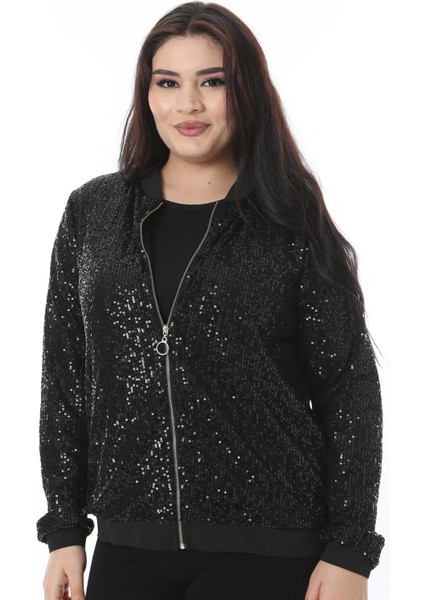 Kadın Büyük Beden Siyah Ön Fermuarlı Astarlı Payet Ceket 65N38511 fırsatları