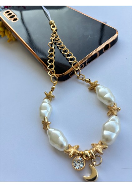 Altın Kaplama Yıldız ve Zincirli Parlak Taşlı Hilal Uçlu Incili Telefon ve Çanta ı fırsatları