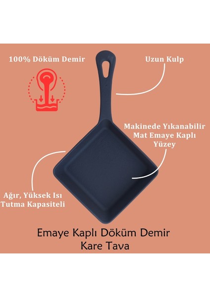 Hakiki Döküm Demir Kare Mini Tava, Mat Siyah Emaye Kaplı, Uzun Saplı, 14,5*14,5*31 cm