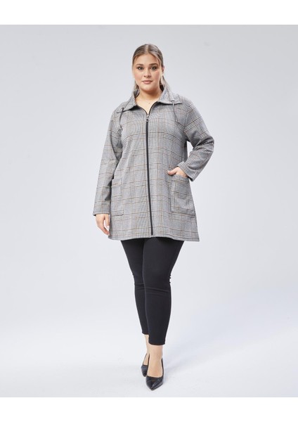 Kadın Büyük Beden Vizon , Ekose Desenli Fermuarlı Cepli Ceket 65N38791 fiyatları